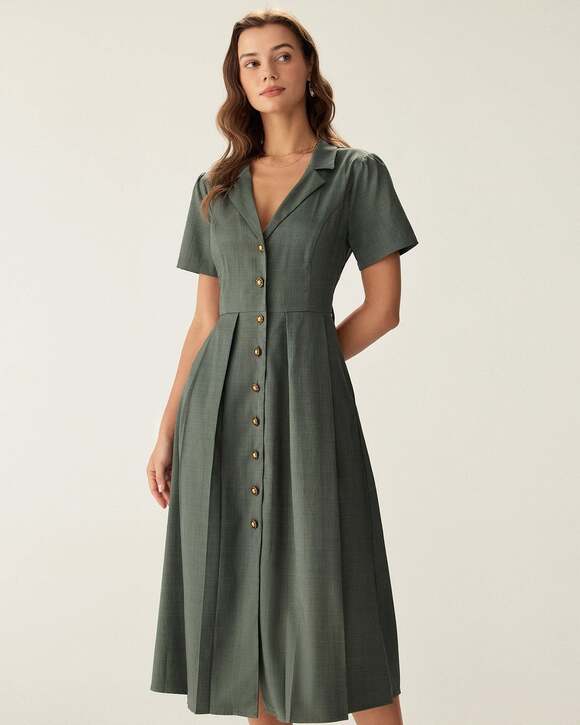 RIHOAS Dresses & Skirts - RIHOAS Green V-Neck Pleated Button Front Midi Dress size XL